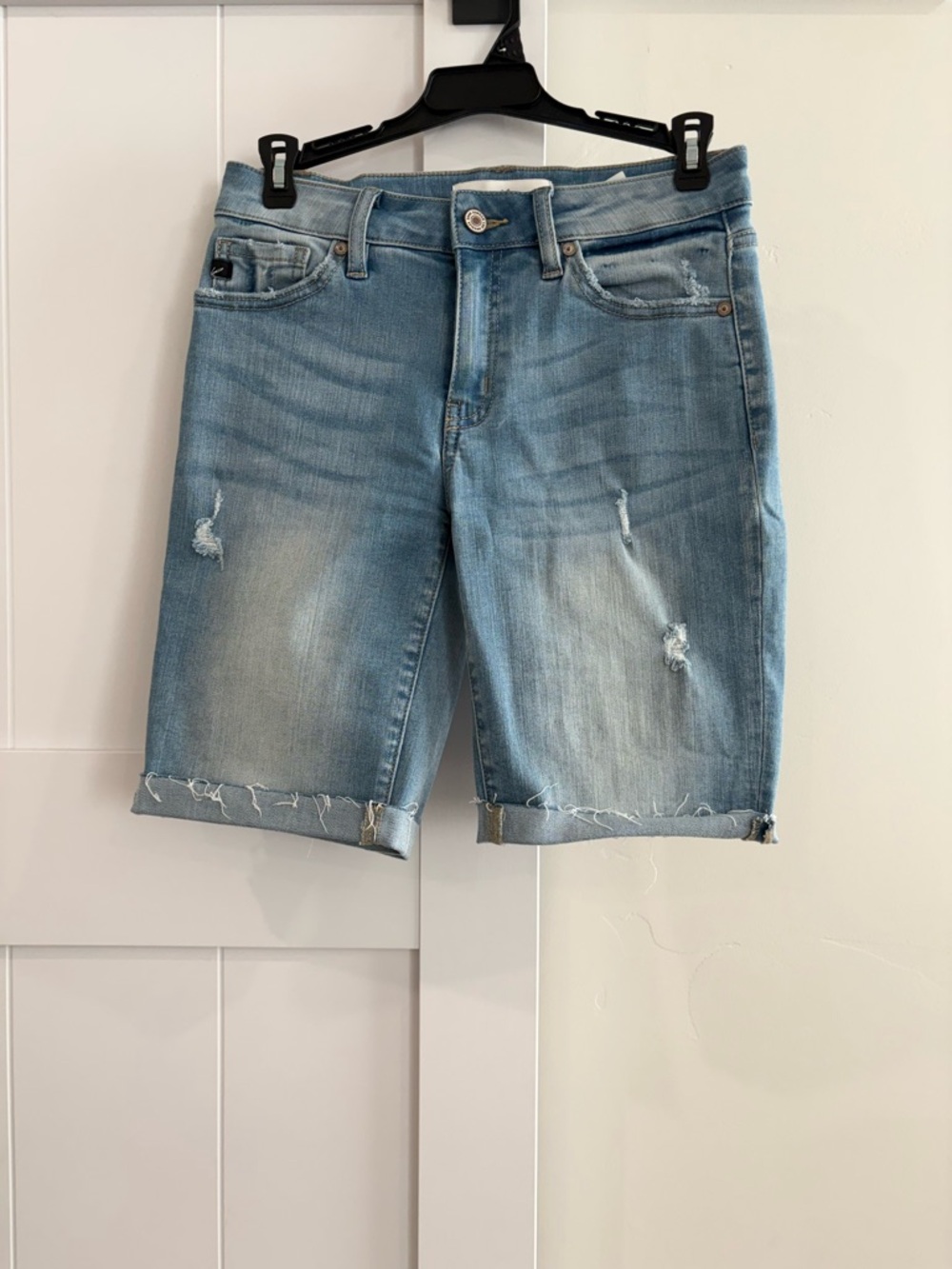 KanCan Light Blue Denim Shorts with Tan Stitching